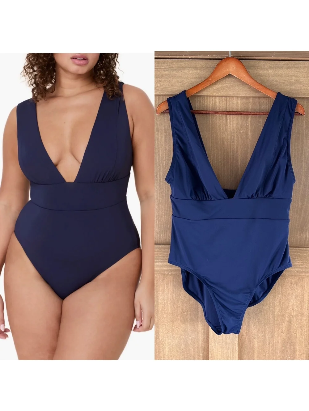 Andie Mykonos Deep Plunge Neck One Piece Swimsuit in Navy Women’s sz Large Tall